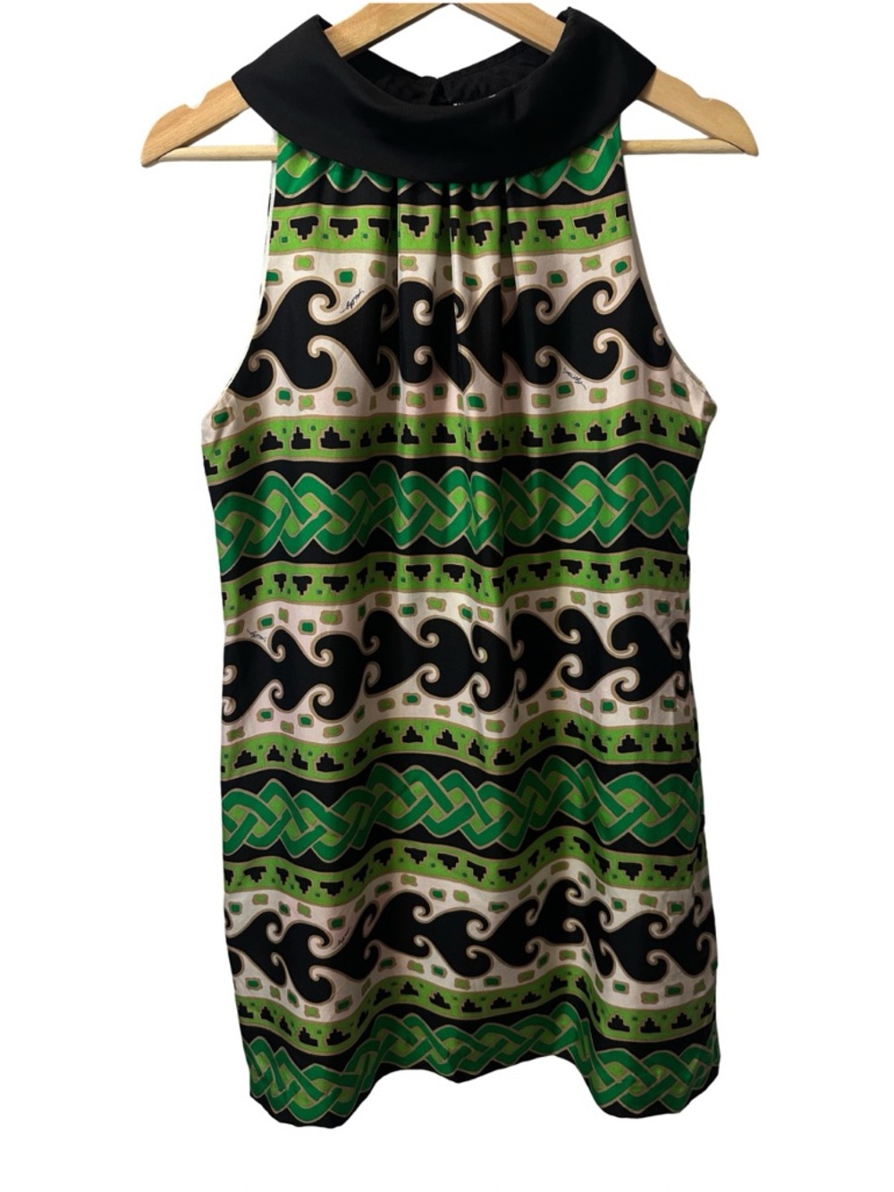 Milly Silk Green Sleeveless Dress with Chain print and Peter Pan collar